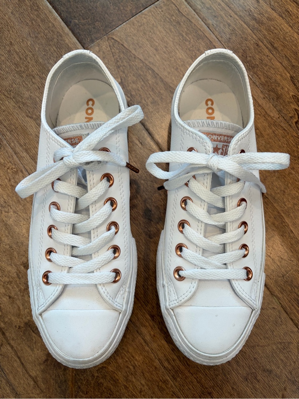 Converse White Low-Top Leather lift Sneakers with Rose Gold accents